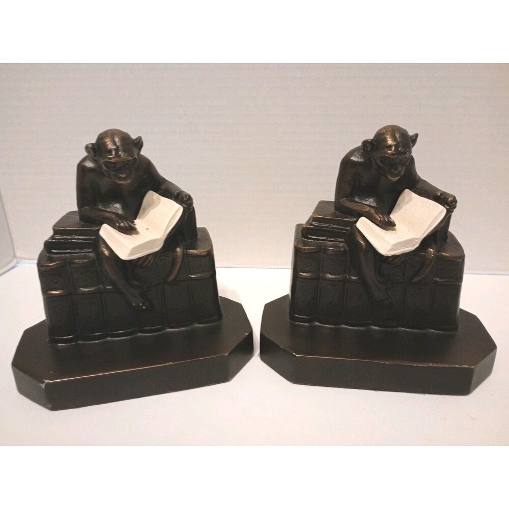 J.B. Hirsch Co. bronze Vintage Bookends "Thinker" Monkeys With Books